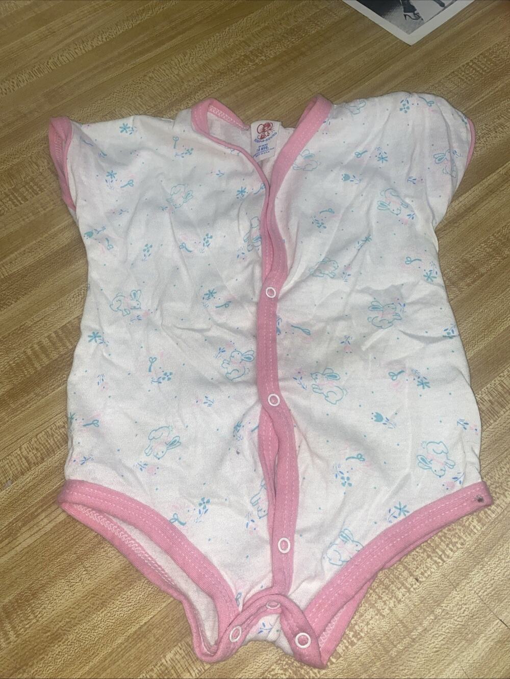 Vintage 80s Romp A Round 18 Mo Bunny Print White Pink Snap One Piece USA Made